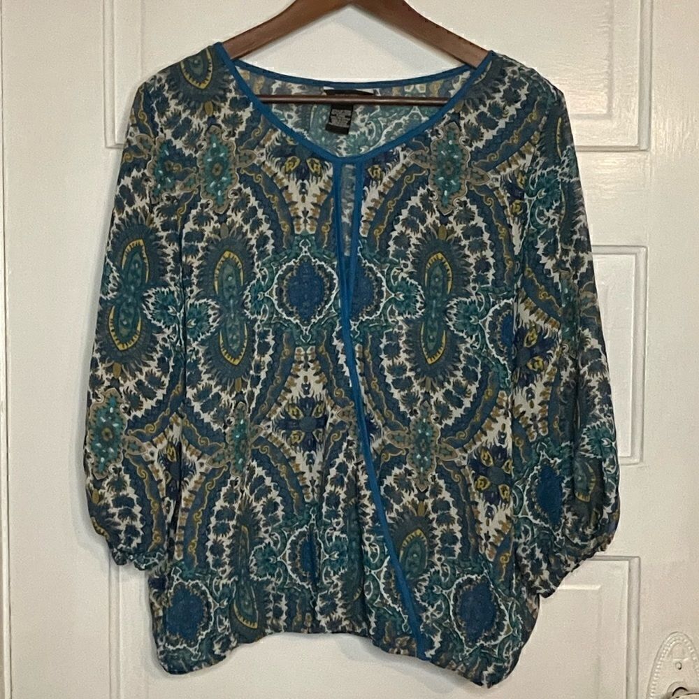 Jules and Leopold Sheer Blue Design Wispy Top w/ Open Keyhole & Bishop Sleeve - Picture 1 of 9